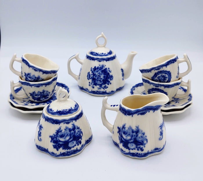 Children's Classic Floral Blue Transferware Porcelain Tea Set