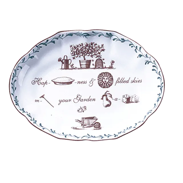 Mottahedeh Porcelain Ring Tray Rebus "Happiness & Sun-filled Skies Make Your Garden Paradise"